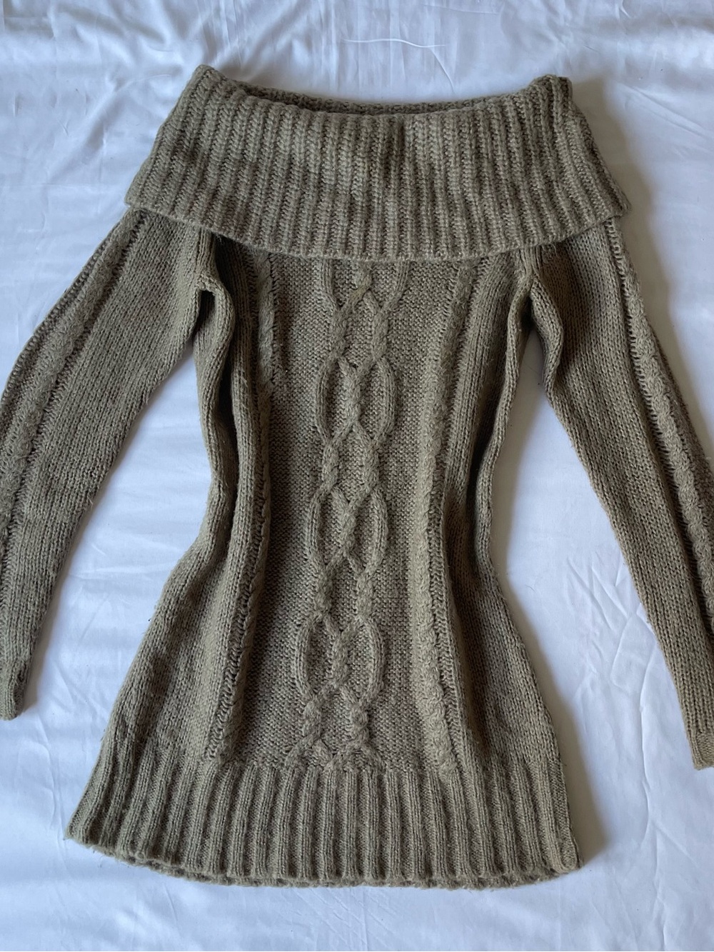 LOFT Olive-Taupe Off-the-Shoulder Cable Knit Sweater